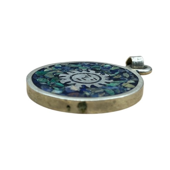 VINTAGE STERLING SILVER PRESSED TURQUOISE HECHO EN MEXICO PENDANT - Picture 3 of 3